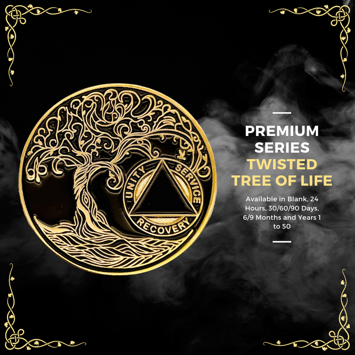 11 Year Sobriety Mint Twisted Tree of Life Gold Plated AA Recovery Medallion - Eleven Year Chip/Coin - Black