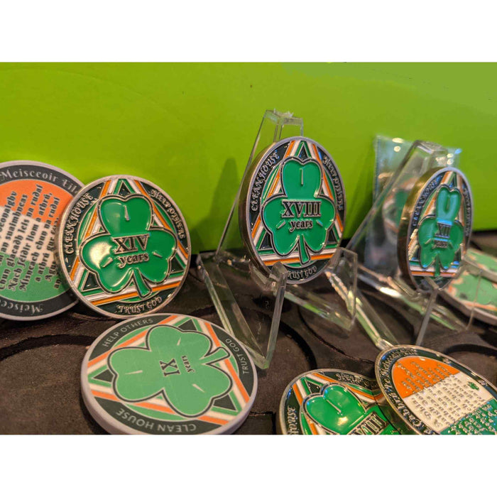 15 Year Shamrock Themed AA/NA Recovery Medallion - 40mm Fancy Chip/Coin - Green/White/Orange