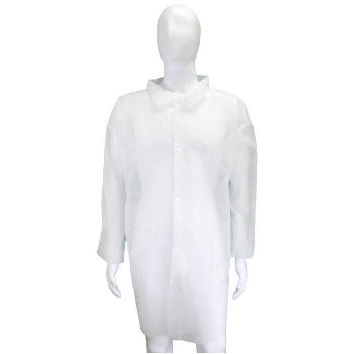 (30/Case) Novus White Polypropylene Disposable Lab Coat w/ Elastic Wrists