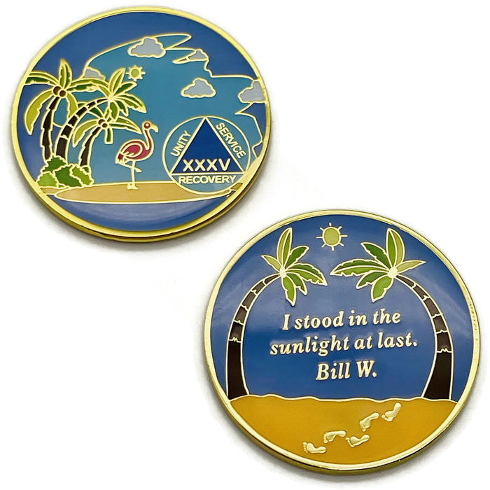 35 Year Beach Themed Specialty Tri-Plated AA Recovery Medallion - Thirty Five Year Chip/Coin + Velvet Case