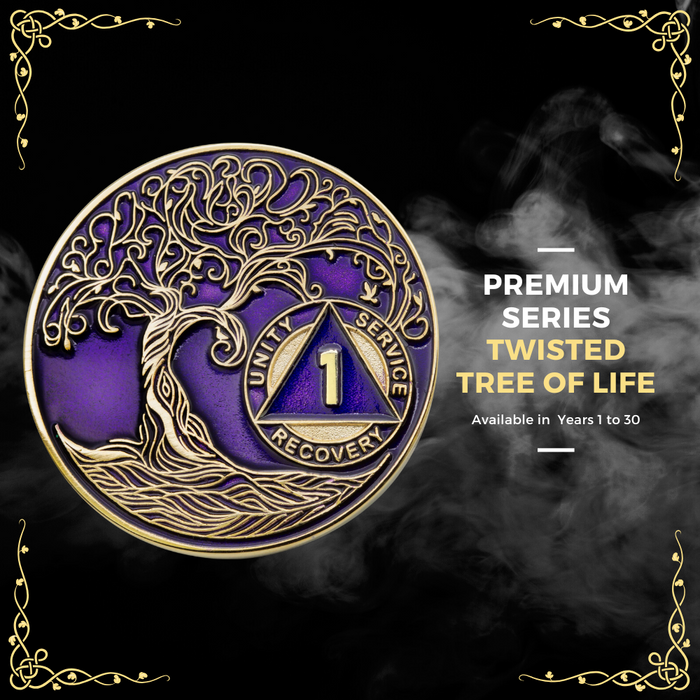 35 Year Sobriety Mint Twisted Tree of Life Gold Plated AA Recovery Medallion/Chip/Coin - Purple + Velvet Box