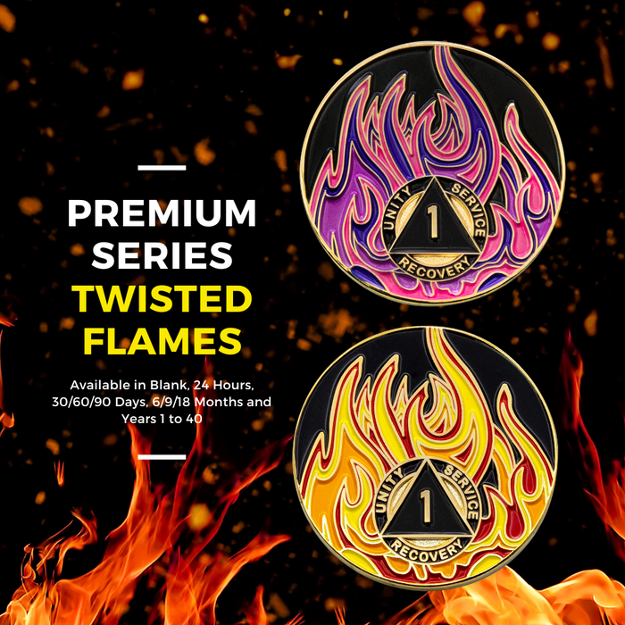 4 Year Sobriety Mint Twisted Flames Gold Plated AA Recovery Medallion - Black/Pink/Purple/Blue + Velvet Case