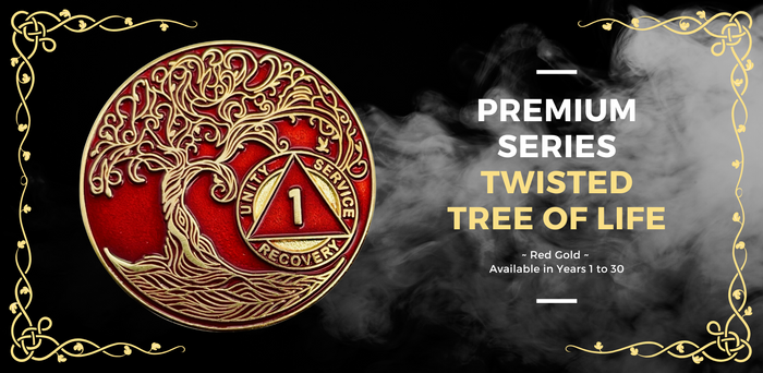 42 Year Sobriety Mint Twisted Tree of Life Gold Plated AA Recovery Medallion - Forty-Two Year Chip/Coin - Red