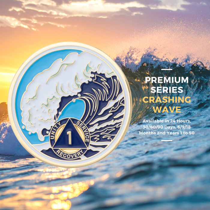 9 Months Sobriety Mint Crashing Wave Gold Plated AA Recovery Medallion - Nine Month Chip/Coin - Blue/White