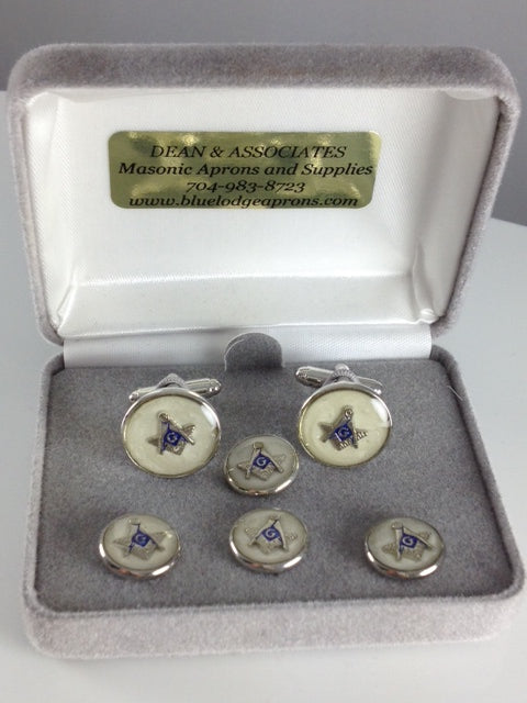 D7028MOP-S Cuff Link/Shirt Stud Set Masonic S & C Silver/MOP