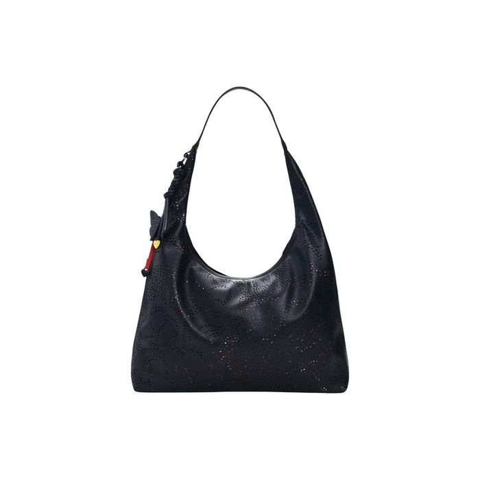 Image 3 : Vue d'ensemble du sac hobo Desigual noir constellation micro-perforé porté à plat, silhouette souple et volume généreux avec breloques zip colorées — Delvale