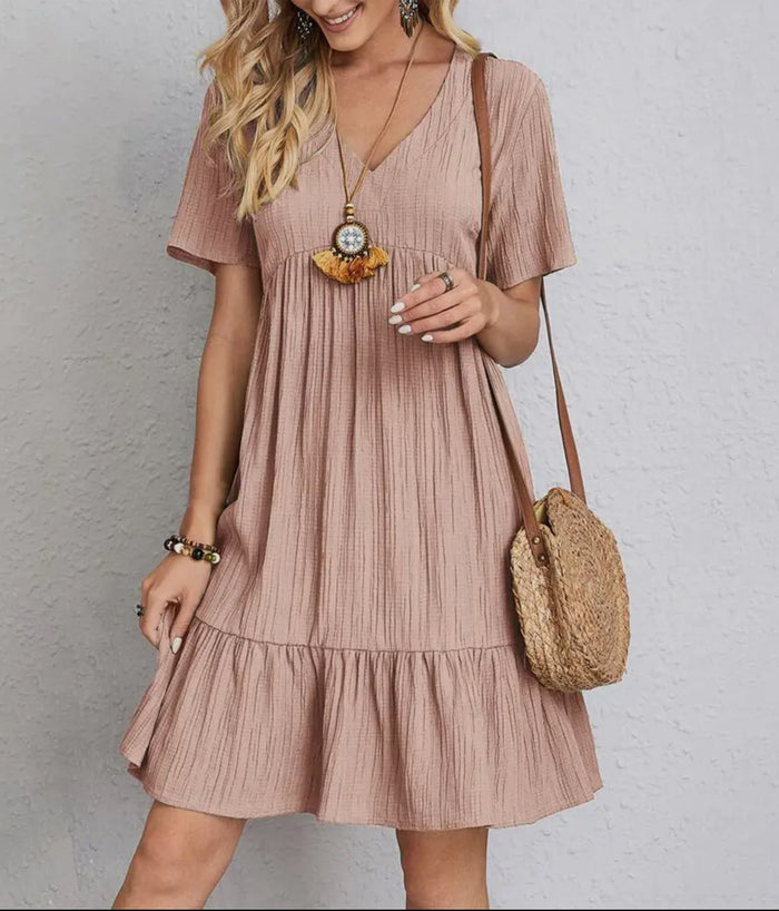 Dress - V-Neck Short Sleeves, Pink