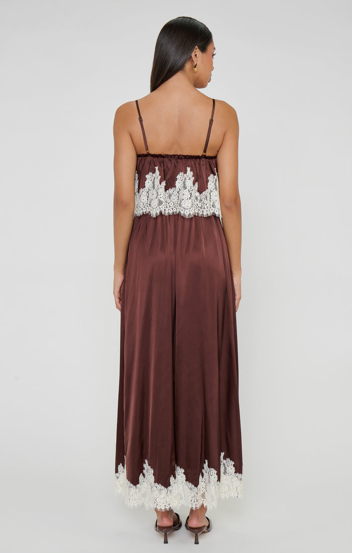 Emmylou Maxi Dress ~ Chocolate Satin with Lace Trim