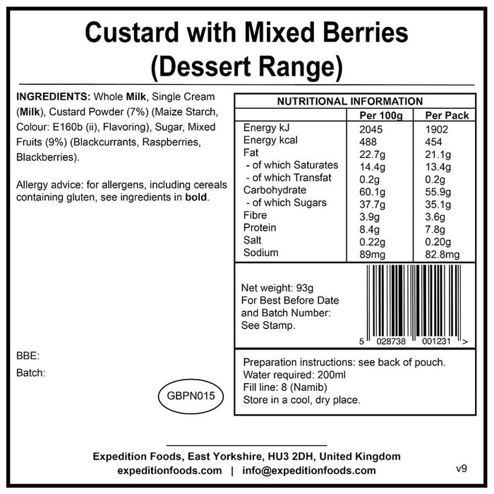 nutrition information of custard with mixed berries 450kcal expedition foods