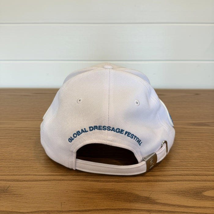 back view of white gdf hat on wooden table