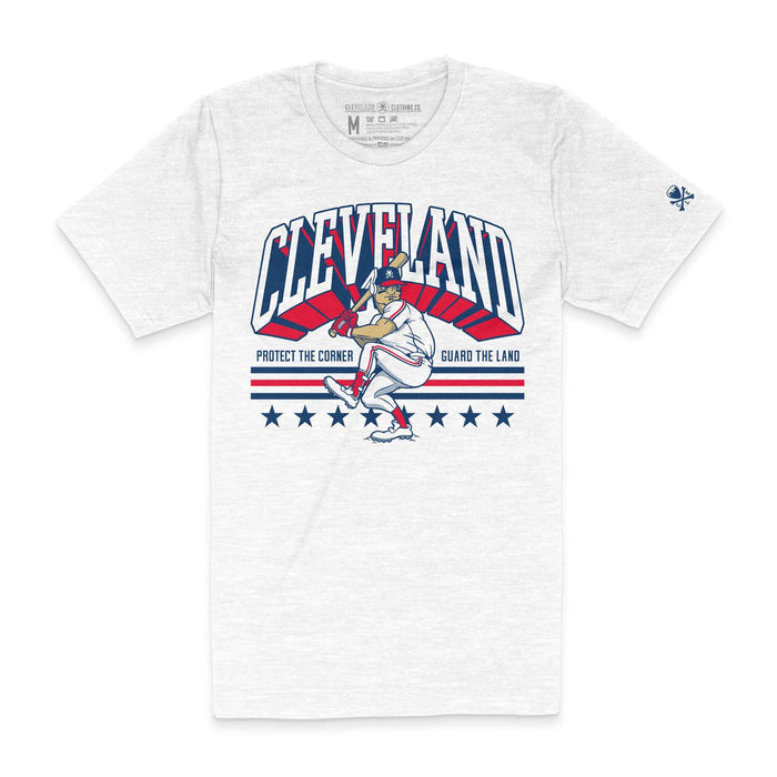 White t-shirt with 'Cleveland' graphic design on a white background