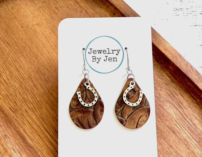 Jewelry - Small Teardrop Earrings: Brown Tooled W/ Horseshoe Charm