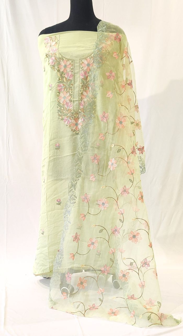 Lime Green Organza Silk Machine Work Unstiched Suit