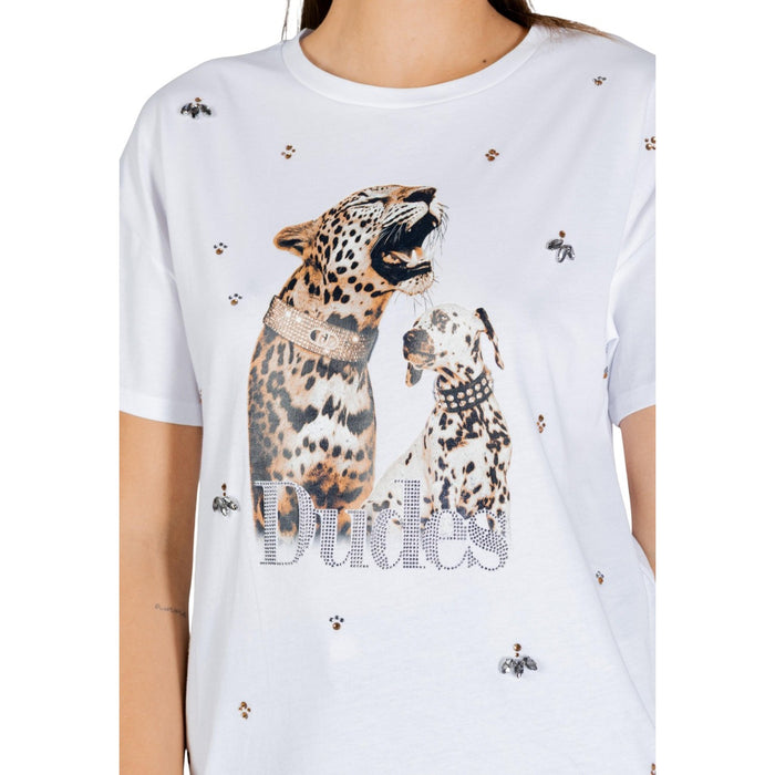 Image 3 : Détail du t-shirt Liu Jo femme blanc avec impression léopard rugissant et dalmatien, inscription Dudes en strass et ornements dorés sur fond blanc — Delvale