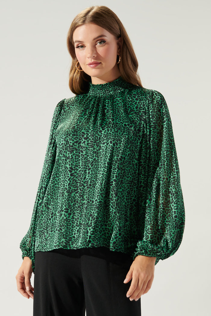 Loren Leopard Figaro Balloon Sleeve Blouse