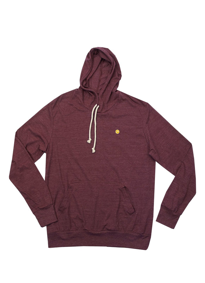 The LS Hooded Logo Tee features a maroon color, white drawstrings, front pocket, and a small round yellow emblem on the left chest.
