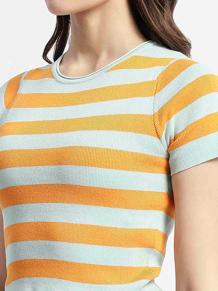 Madame Crew Neck Orange Striped Half Sleeve Crop Top