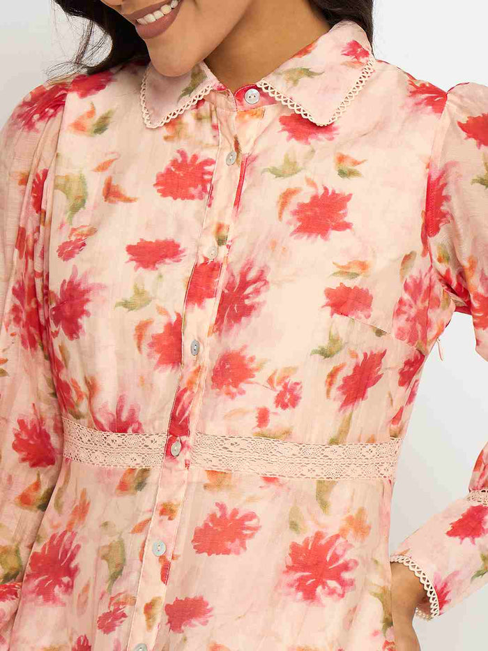 Madame Floral Print Tiered Peach Maxi Shirt Dress