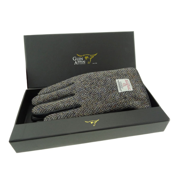 Mens Harris Tweed and Black Leather Gloves - Sold In Gift Box