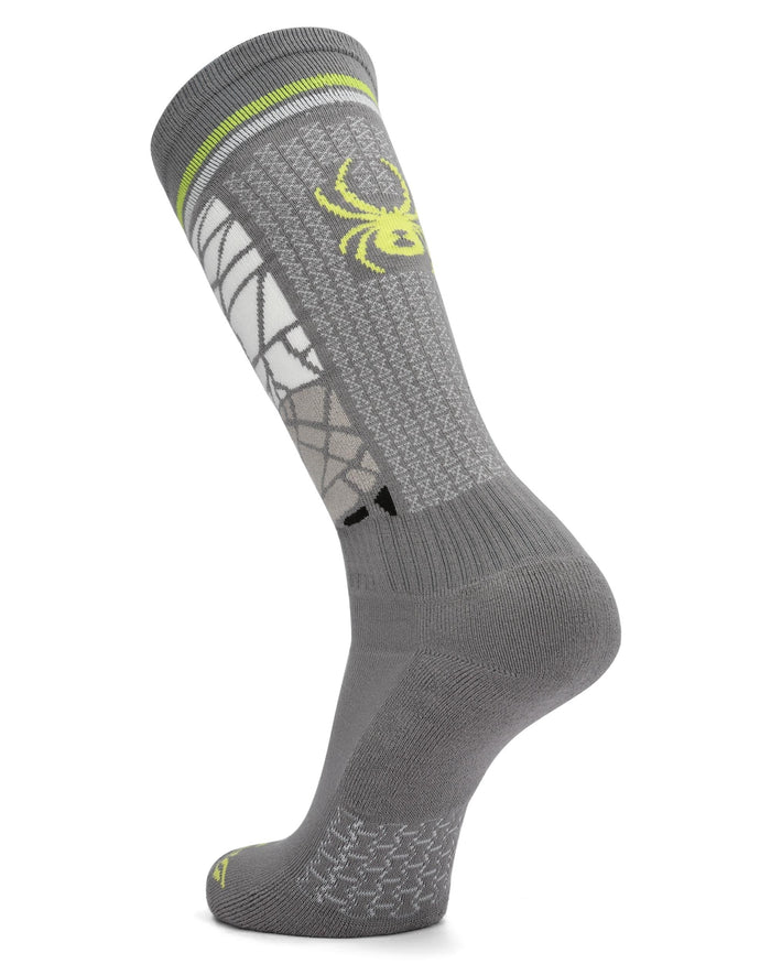 Gray sock with a spider logo on a white background