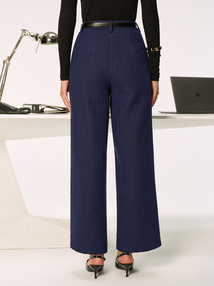 Mid-Waist Tweed Straight-Leg Pants without Belt