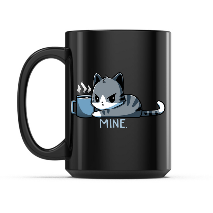 Ceramic Mug_TeeTurtle Mine. black mug featuring a grumpy cat holding onto a coffee mug with the caption, “Mine.“.