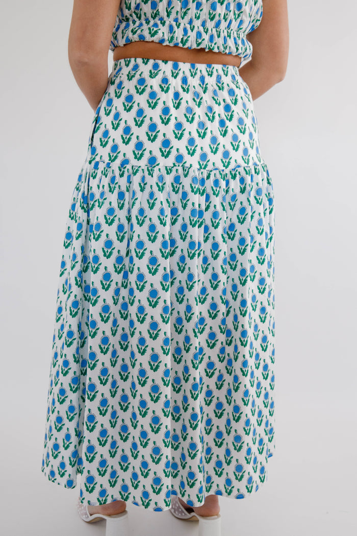 White Floral Elastic Waistband Maxi Skirt- Women's Spring/Summer Skirt- Jodifl Set
