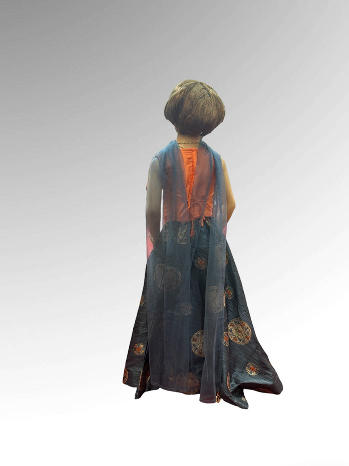 Silk Embroidered Blueish Grey Children Lehenga Set