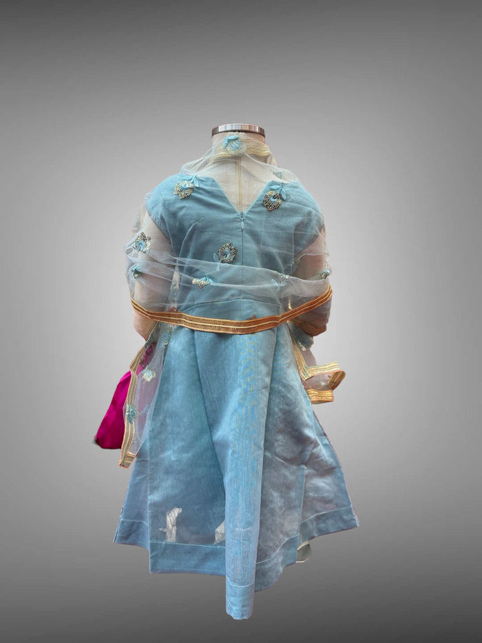 Silk Embroidered Iridescent Bluish Grey Girl's Gown