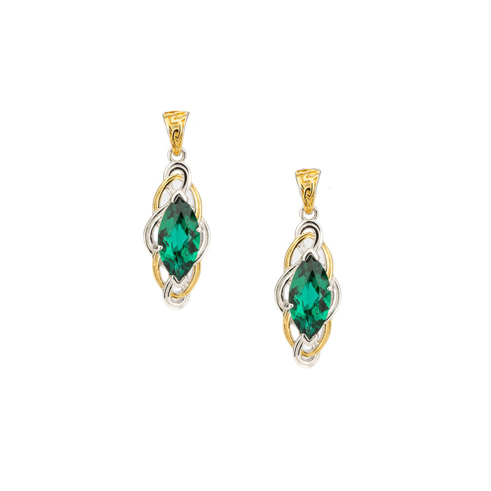 Silver and 18k Vermeil White Moissanite or Lab Grown Emerald Celtic Knot Drop Earrings