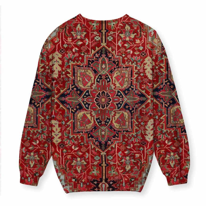 The Dudes Rug Sweatshirt - The specific symmetrical Heriz central medallion on a **Persian crimson (#992D2D)** field, accented by **midnight indigo (#181C2B)** and **antique sandstone beige (#C8B27F)** motifs, instantly miming the interior design focal point of Jeffrey Lebowski's living room.