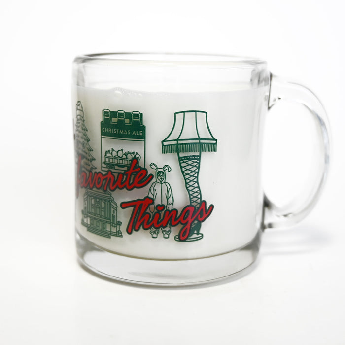 Clear mug with Christmas-themed design on a white background