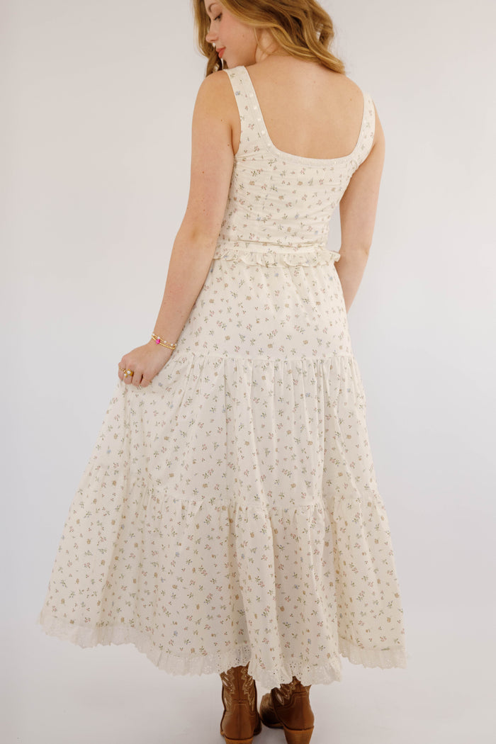 Tiered Floral Maxi Skirt With Eyelet Trim- Women's Ivory Floral Two Piece Set