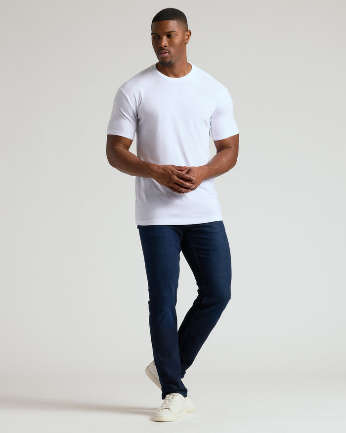 Man wearing White Tall Straight Hem Crew Neck T-Shirt.