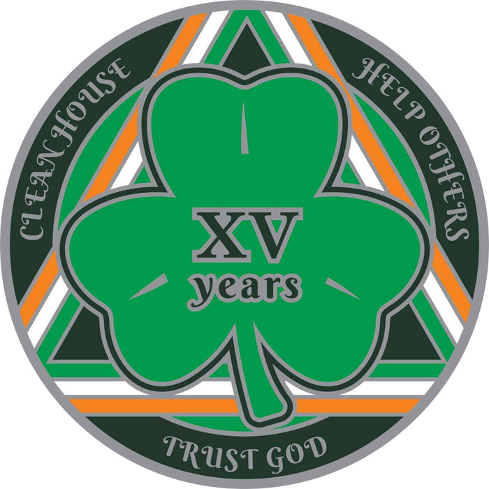 15 Year Shamrock Themed AA/NA Recovery Medallion - 40mm Fancy Chip/Coin - Green/White/Orange