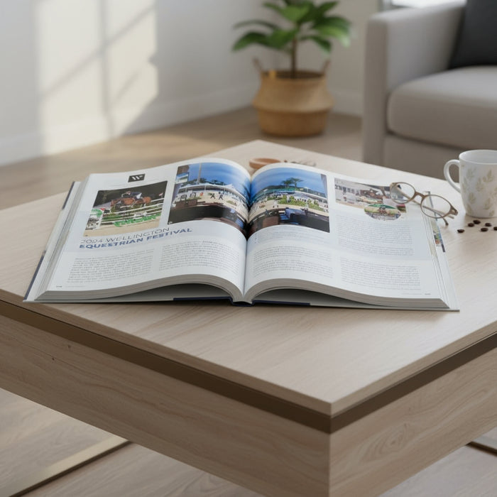 Open book displaying pages about the 2024 Wellington Equestrian Festival with images of horses and event details.