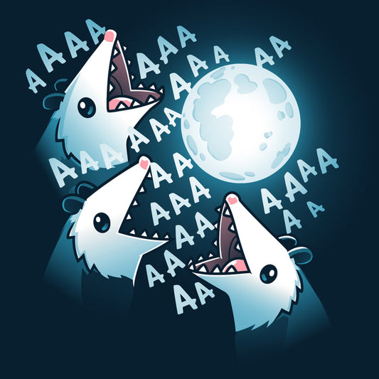 Premium Cotton T-shirt_TeeTurtle 3 Opossum Moon navy blue t-shirt featuring three opossums screaming at a glowing full moon with "AAA" repeated around their open mouths in this nature scene.