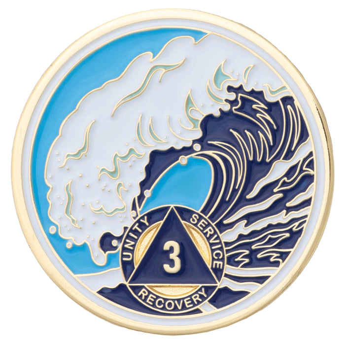3 Year Sobriety Mint Crashing Wave Gold Plated AA Recovery Medallion - Three Year Chip/Coin - Blue/White