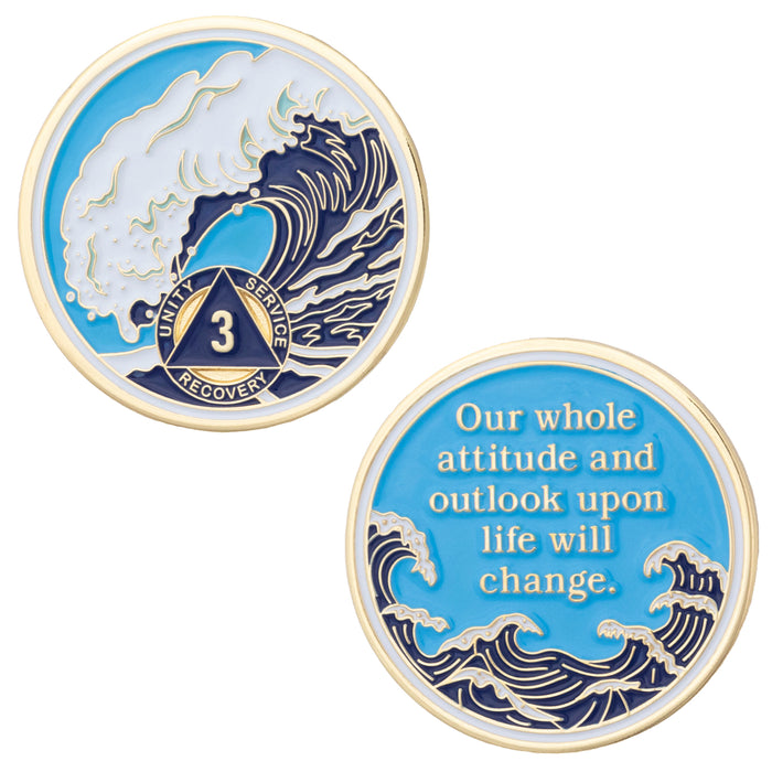 3 Year Sobriety Mint Crashing Wave Gold Plated AA Recovery Medallion - Three Year Chip/Coin - Blue/White