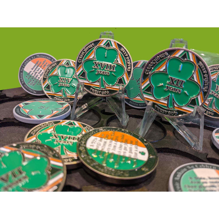 31 Year Shamrock Themed AA/NA Recovery Medallion - 40mm Fancy Chip/Coin - Green/White/Orange