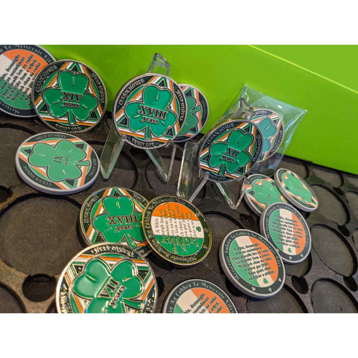 31 Year Shamrock Themed AA/NA Recovery Medallion - 40mm Fancy Chip/Coin - Green/White/Orange