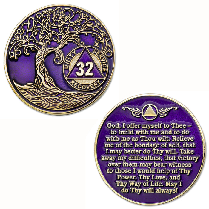 32 Year Sobriety Mint Twisted Tree of Life Gold Plated AA Recovery Medallion/Chip/Coin - Purple + Velvet Box