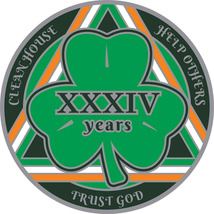 34 Year Shamrock Themed AA/NA Recovery Medallion - 40mm Fancy Chip/Coin - Green/White/Orange