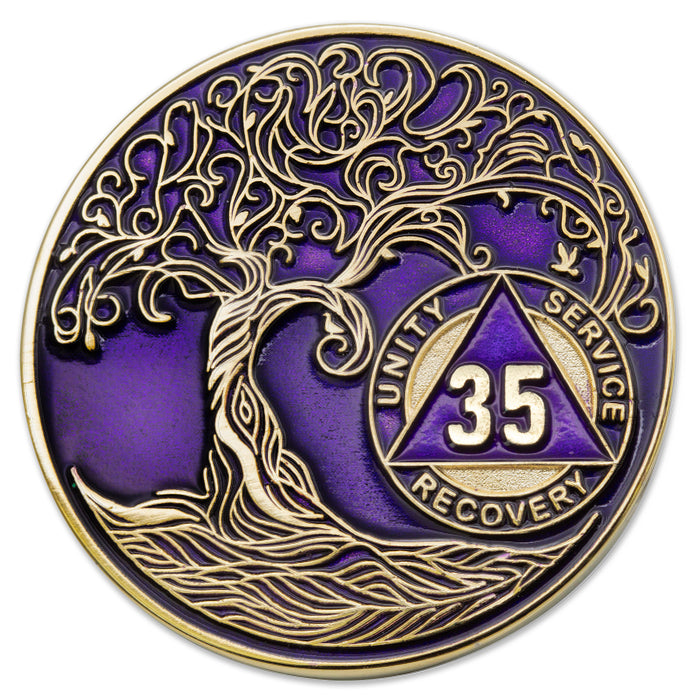 35 Year Sobriety Mint Twisted Tree of Life Gold Plated AA Recovery Medallion/Chip/Coin - Purple + Velvet Box