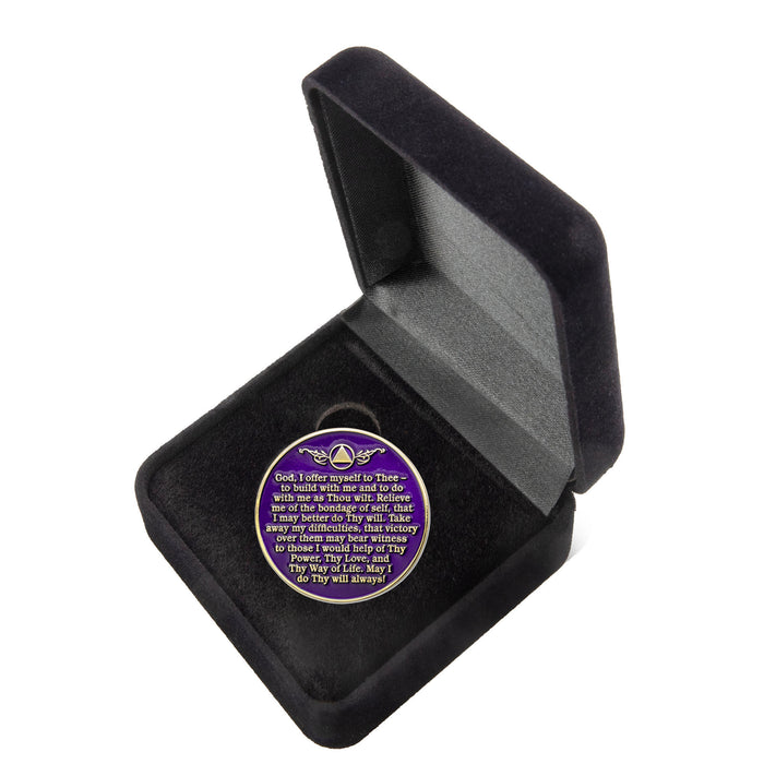 35 Year Sobriety Mint Twisted Tree of Life Gold Plated AA Recovery Medallion/Chip/Coin - Purple + Velvet Box