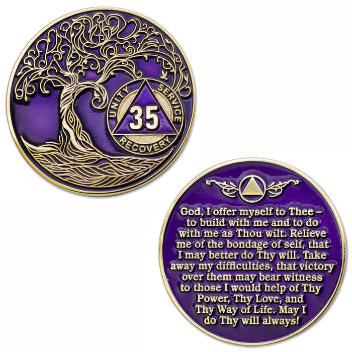 35 Year Sobriety Mint Twisted Tree of Life Gold Plated AA Recovery Medallion/Chip/Coin - Purple + Velvet Box