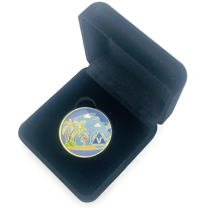 5 Year Beach Themed Specialty Tri-Plated AA Recovery Medallion - Five Year Chip/Coin + Velvet Case