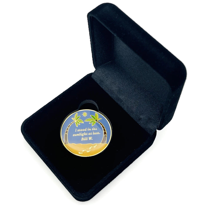 5 Year Beach Themed Specialty Tri-Plated AA Recovery Medallion - Five Year Chip/Coin + Velvet Case
