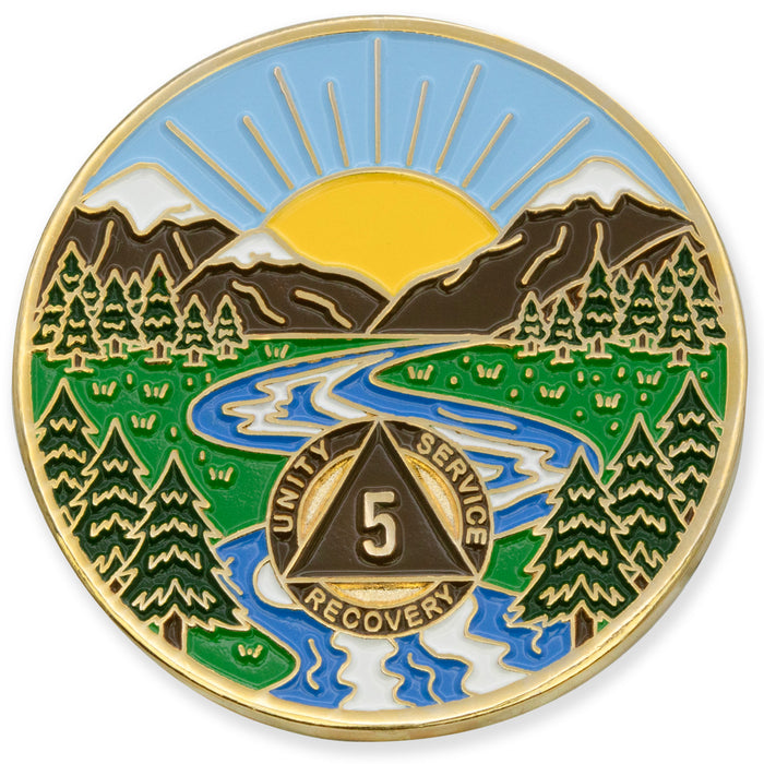 5 Year Sobriety Mint Winding River Gold Plated AA Recovery Medallion - Five Year Chip/Coin