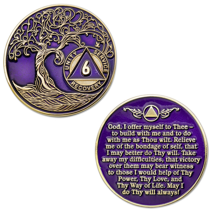 6 Year Sobriety Mint Twisted Tree of Life Gold Plated AA Recovery Medallion/Chip/Coin - Purple + Velvet Box